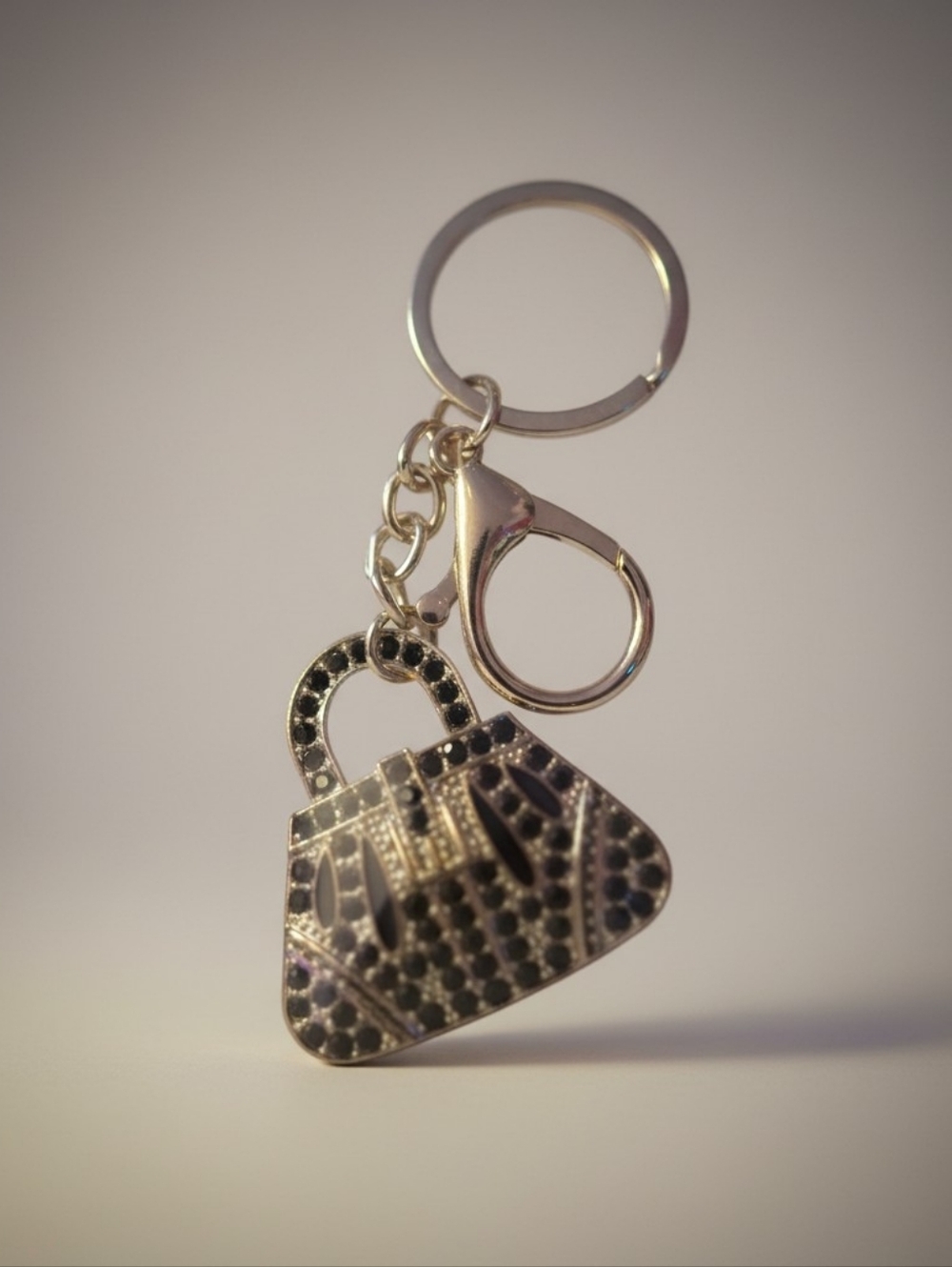 Crystal Studded Purse Keychain - Silver & Black